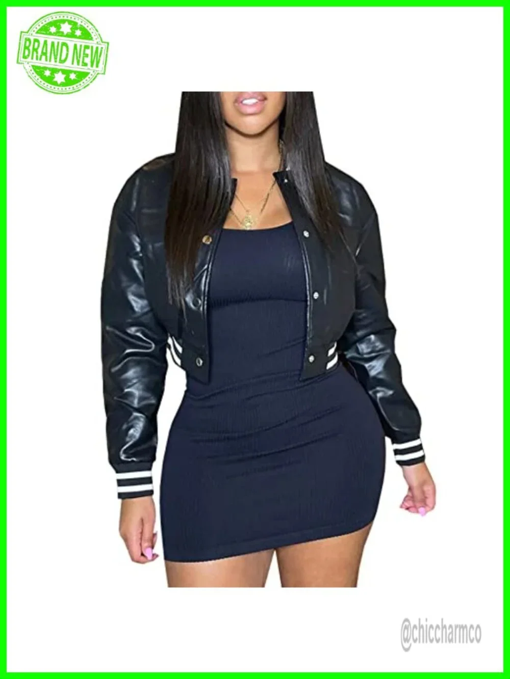 Women's Faux Leather Varsity Jacket Cropped Baseball Bomber